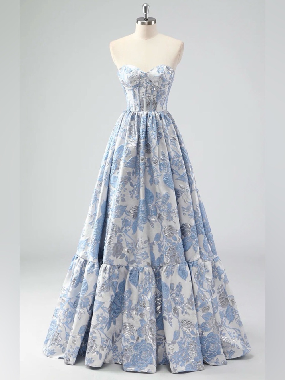 Strapless Floral Brocade Jacquard Prom Gown in Blue and Cream - Size 4 - New